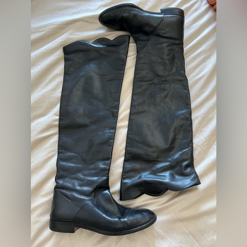 Size 7.5 Yves Saint Laurent Scalloped Edge Tall Knee Boots w. Goodyear soles.